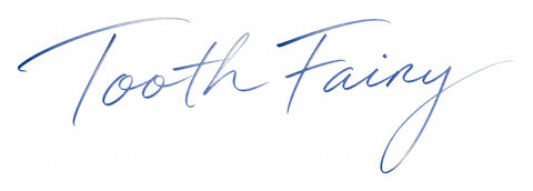 Tooth Fairy written quickly in dusk-blue windblown freehand cursive