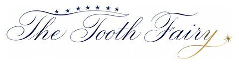 Decorative Tooth Fairy signature in midnight-blue copperplate with seven stars and a gold comet flourish