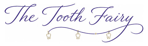 The Tooth Fairy signature in violet cursive above a garland of three tiny gold teeth