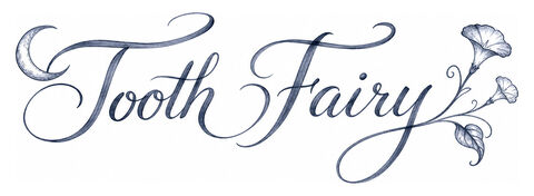 Tooth Fairy signature in blue-grey ribbon calligraphy with a crescent moon and moonflowers