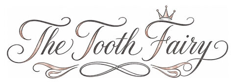 Royal Tooth Fairy signature in charcoal and rose-gold Edwardian script with a small crown